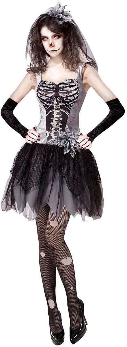 Spook & Skelet Kostuum | Skinny Skelet Bruidje | Vrouw | XL | Carnaval kostuum | Verkleedkleding